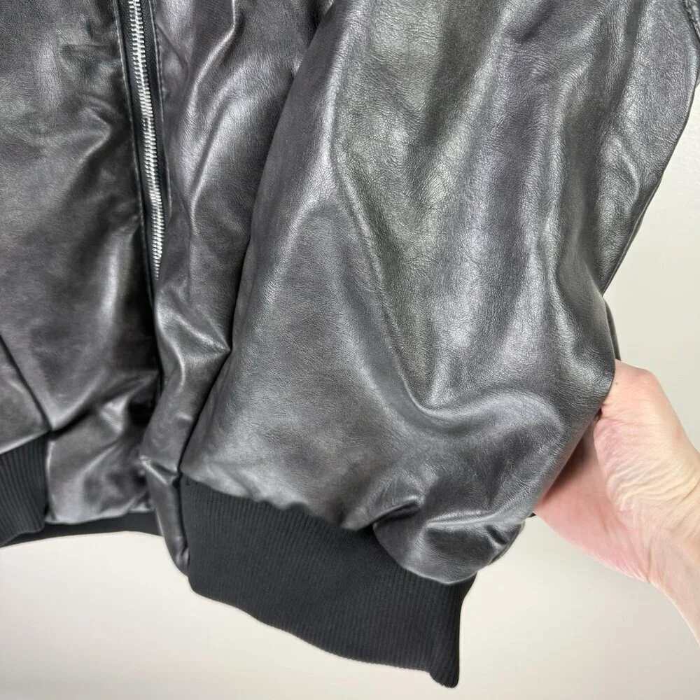 MNML Leather Bomber Vest Black Oversized Streetwear Zip Jacket Mens Large
